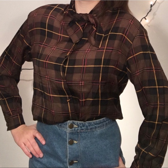 Valerie Stevens Vintage Plaid 80s Necktie Blouse - Picture 2 of 4